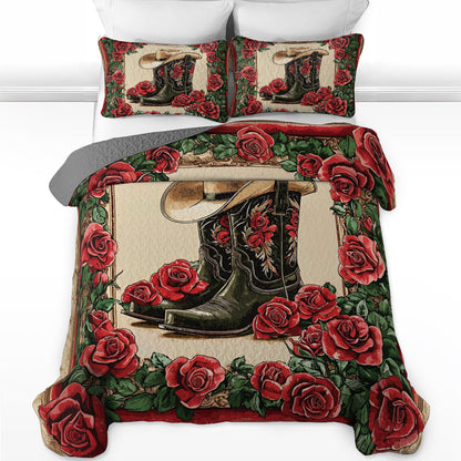 Shineful All Season Quilt 3-Piece Set Cowboy Boots And Roses