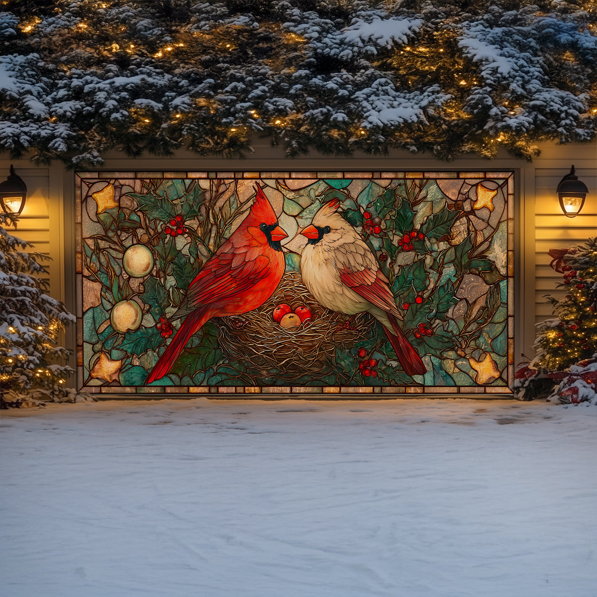 Shineful Garage Door Banner Decoration Winter Cardinal Glass