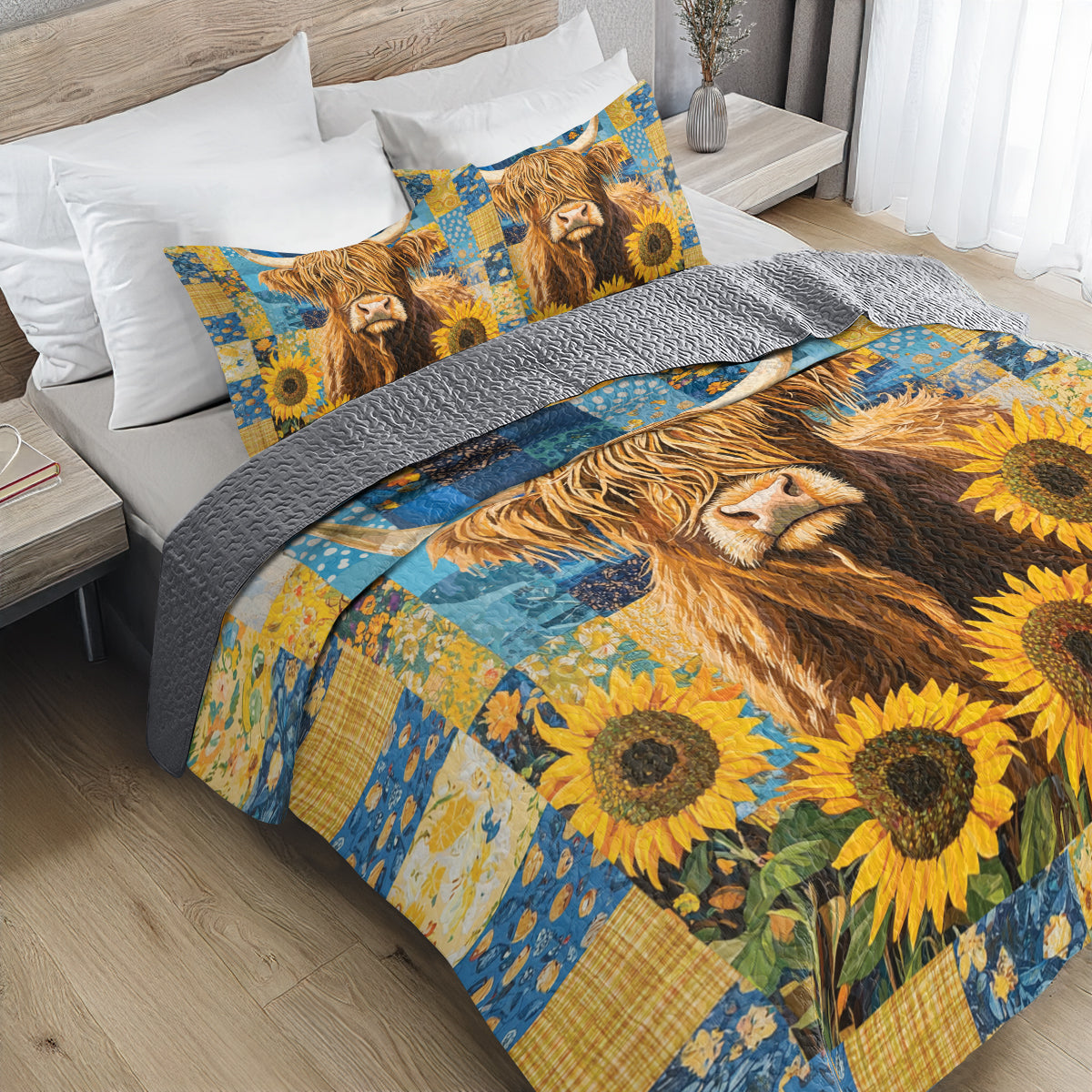 Shineful All Season Quilt 3-Piece Set Sunflower Highland Cow