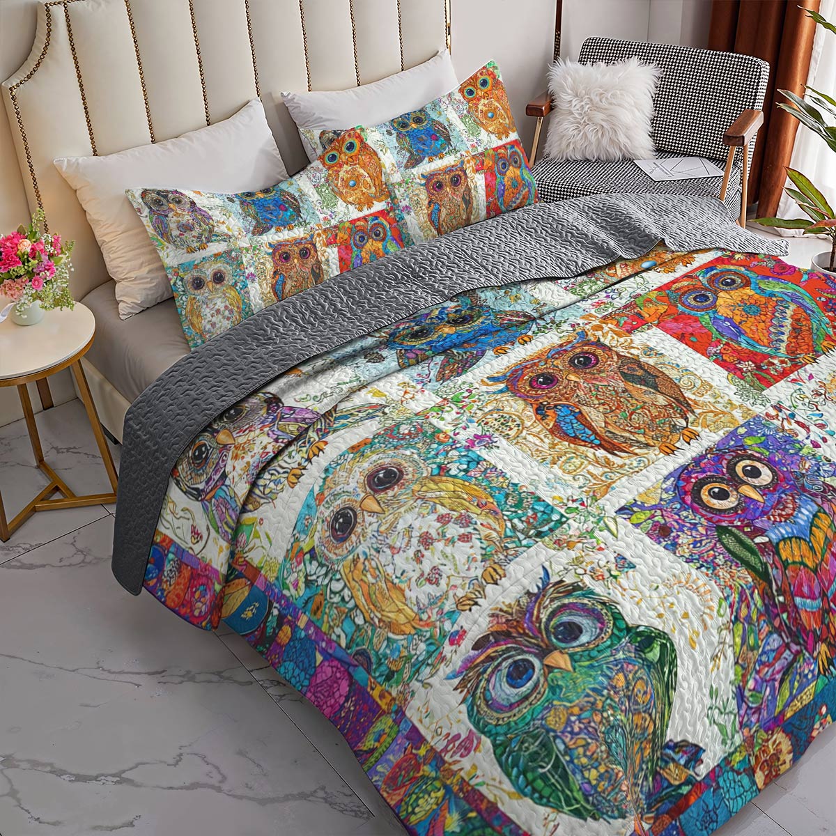Shineful All Season Quilt 3-Piece Set Owl Damask Pattern