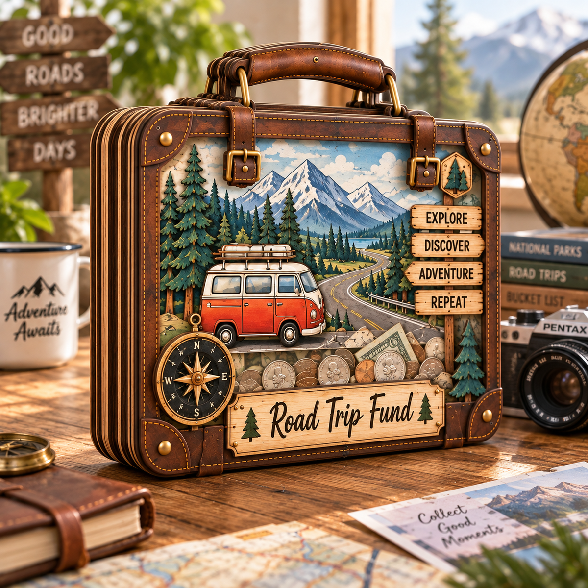 Road Trip Fund Wooden Coin Bank