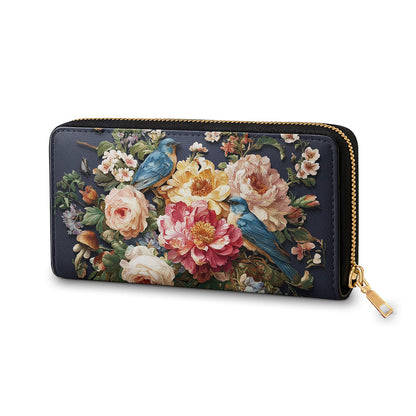 Shineful Leather Clutch Purse With Wristlet Strap Handle Midnight Bluebird Garden