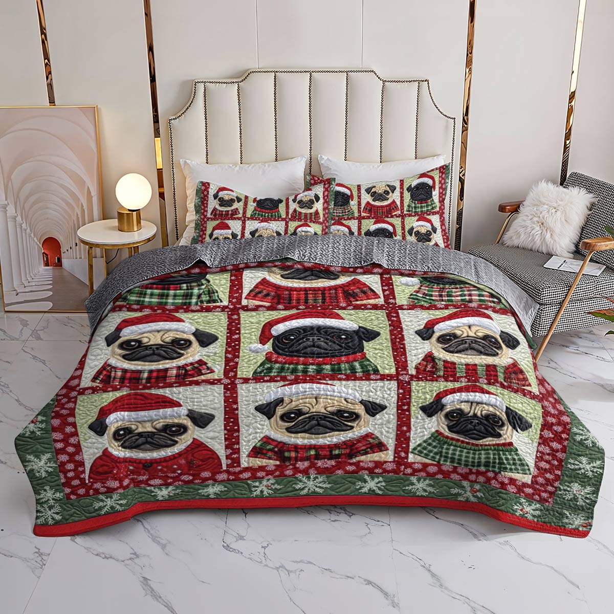 Shineful All Season Quilt 3-Piece Set Festive Pugs