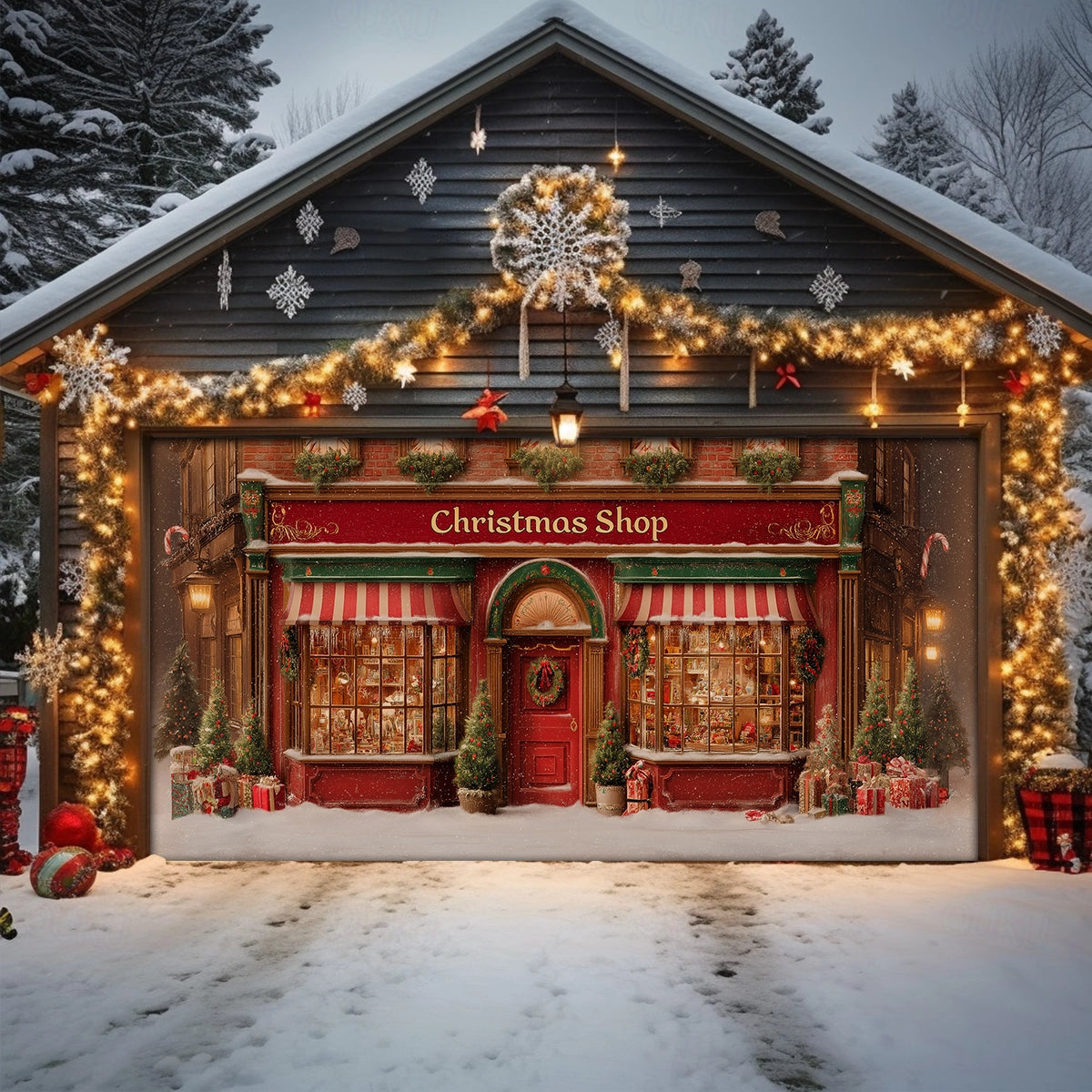 Shineful Garage Door Banner Decoration Christmas Shop Village Glow