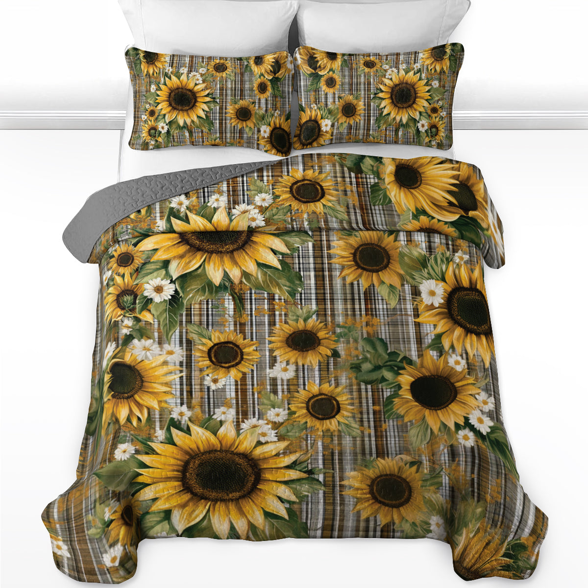 Shineful All Season Quilt 3-Piece Set Sunflower Plaid