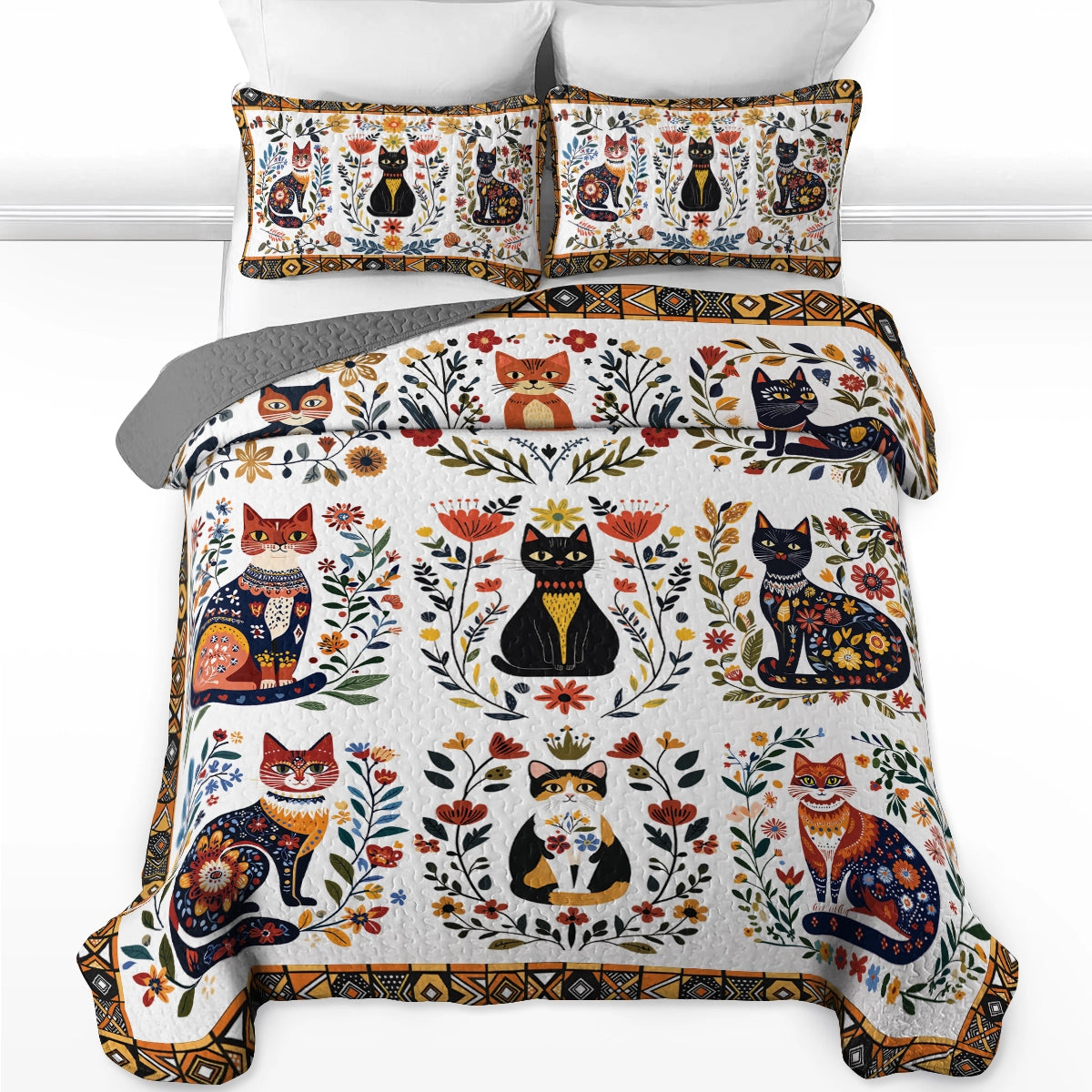 Shineful All Season Quilt 3-Piece Set Folk Art Cat Garden