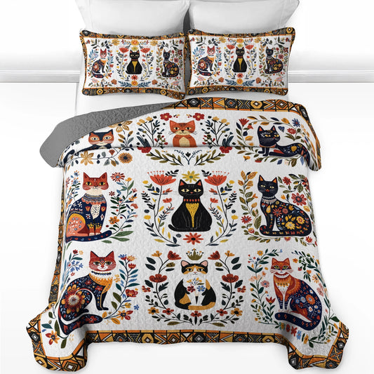 Shineful All Season Quilt 3-Piece Set Folk Art Cat Garden
