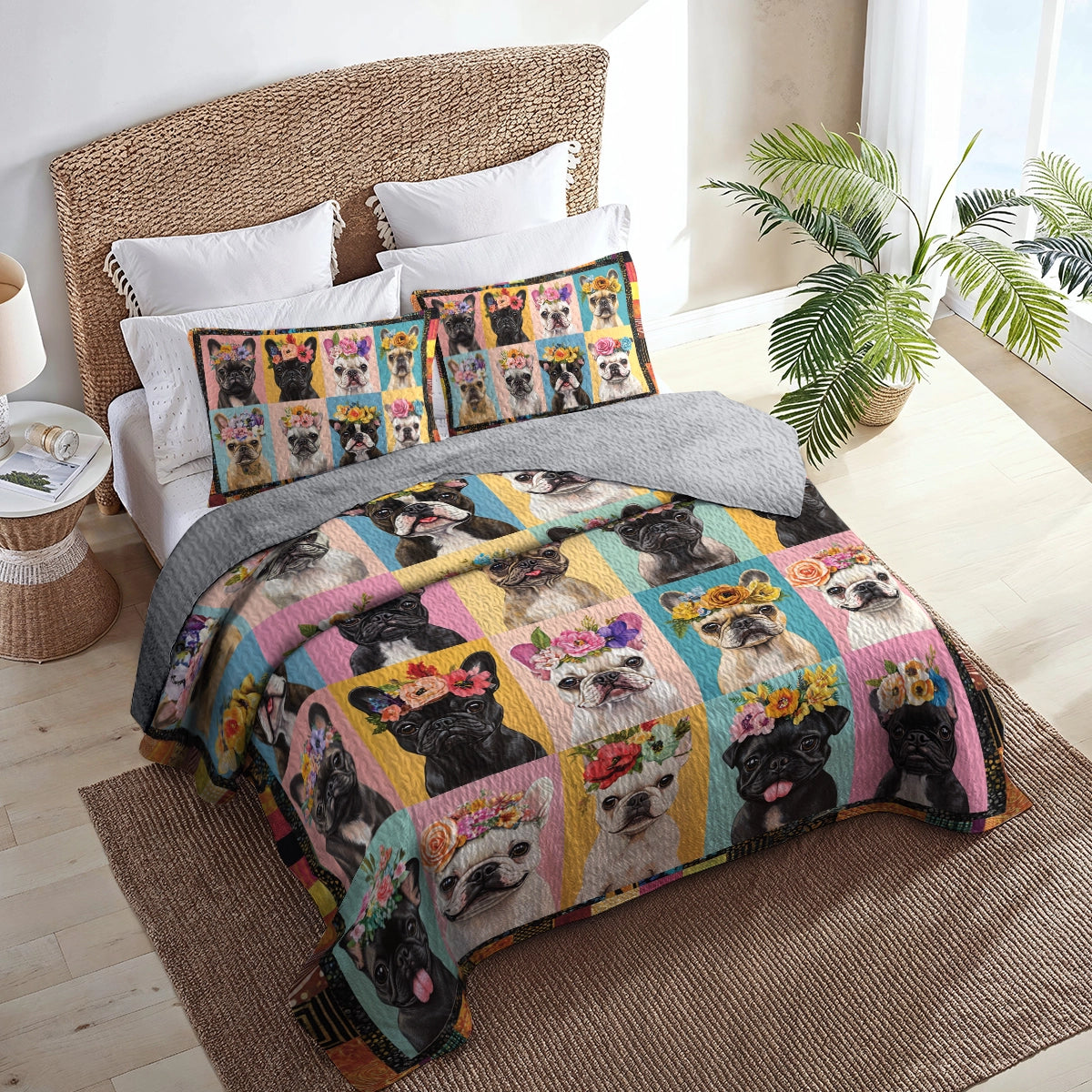 Shineful All Season Quilt 3-Piece Set Frenchie Flower Fiesta