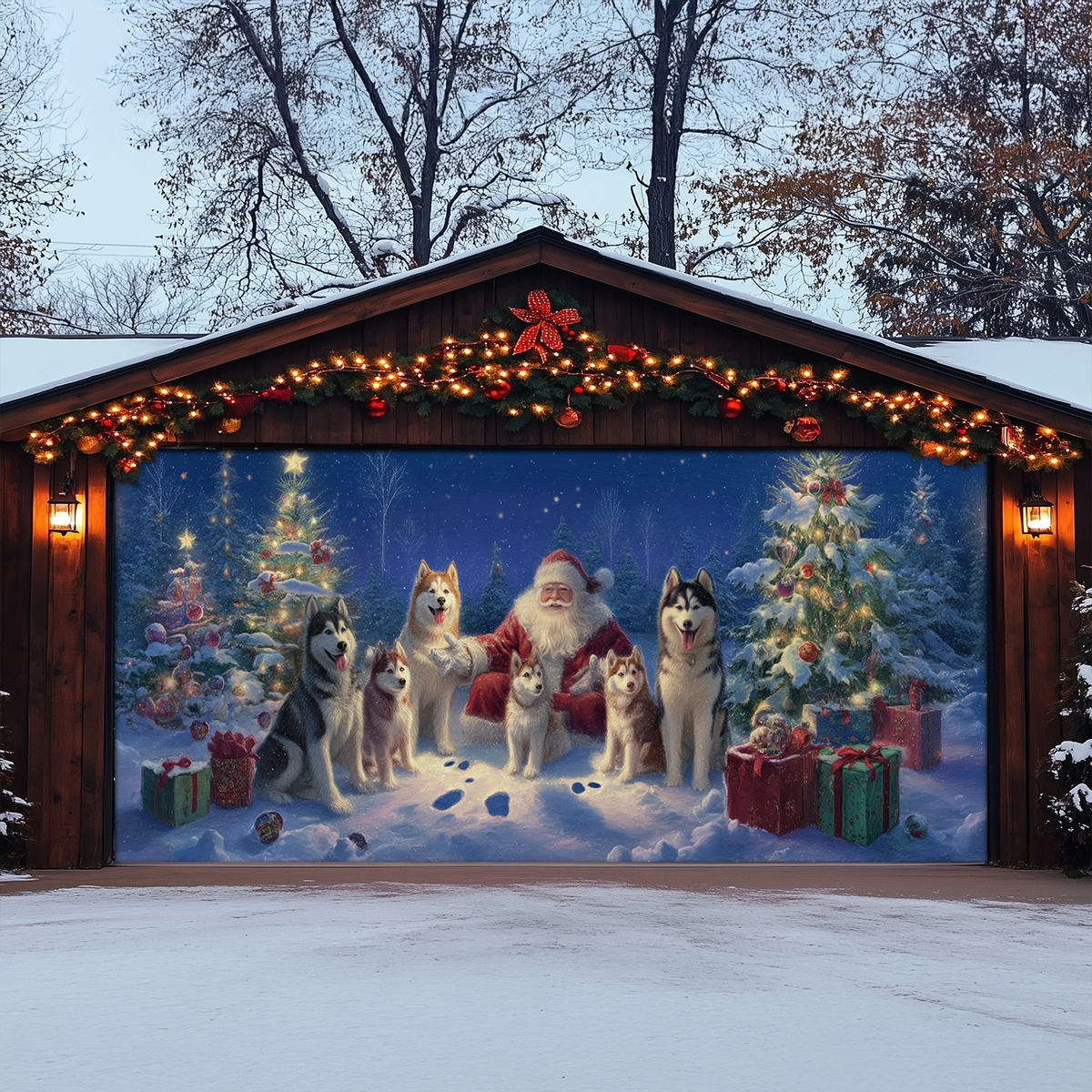 Shineful Garage Door Banner Decoration Santa’s Husky Wonderland