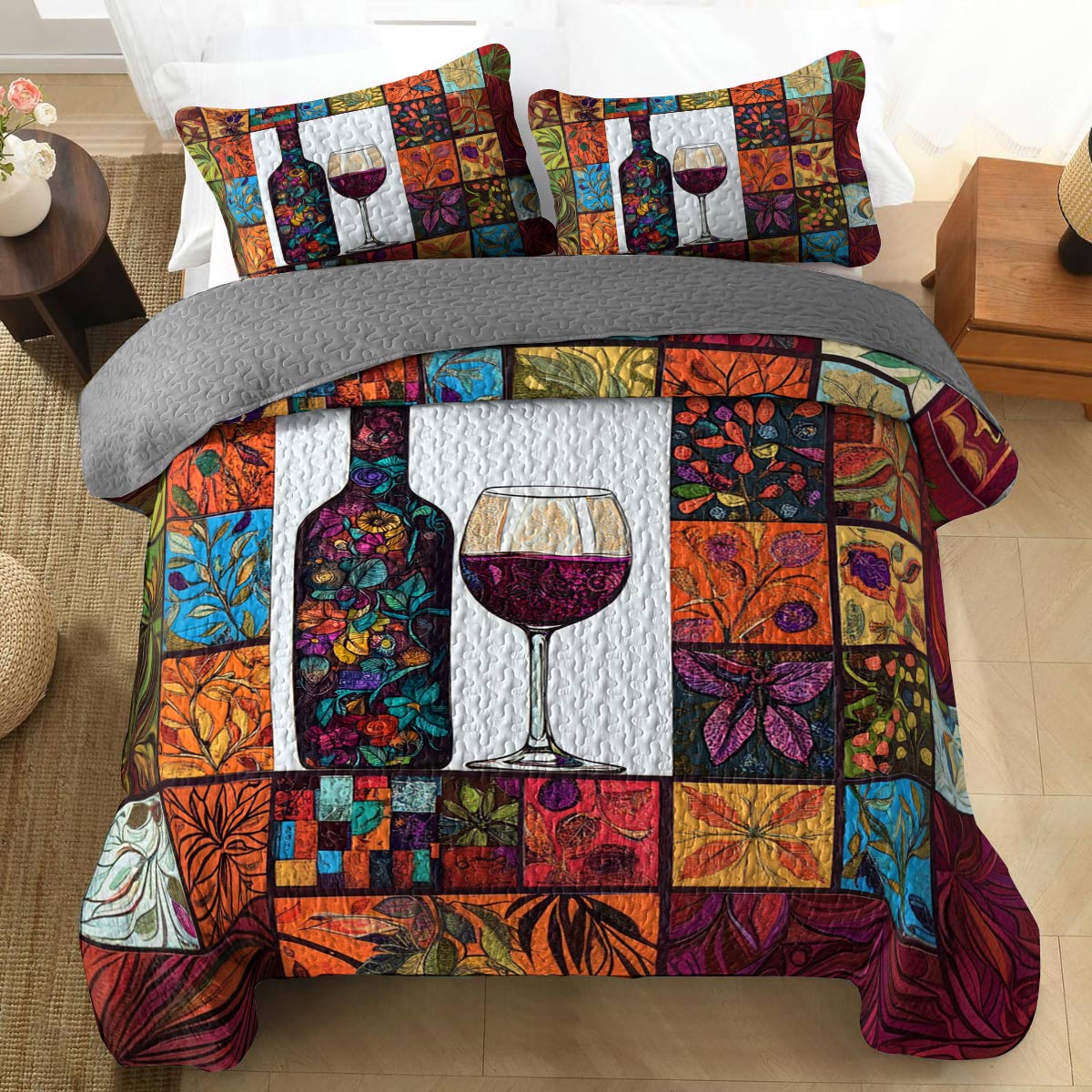 Shineful All Season Quilt 3-Piece Set Vintage Wine Glass Lovely
