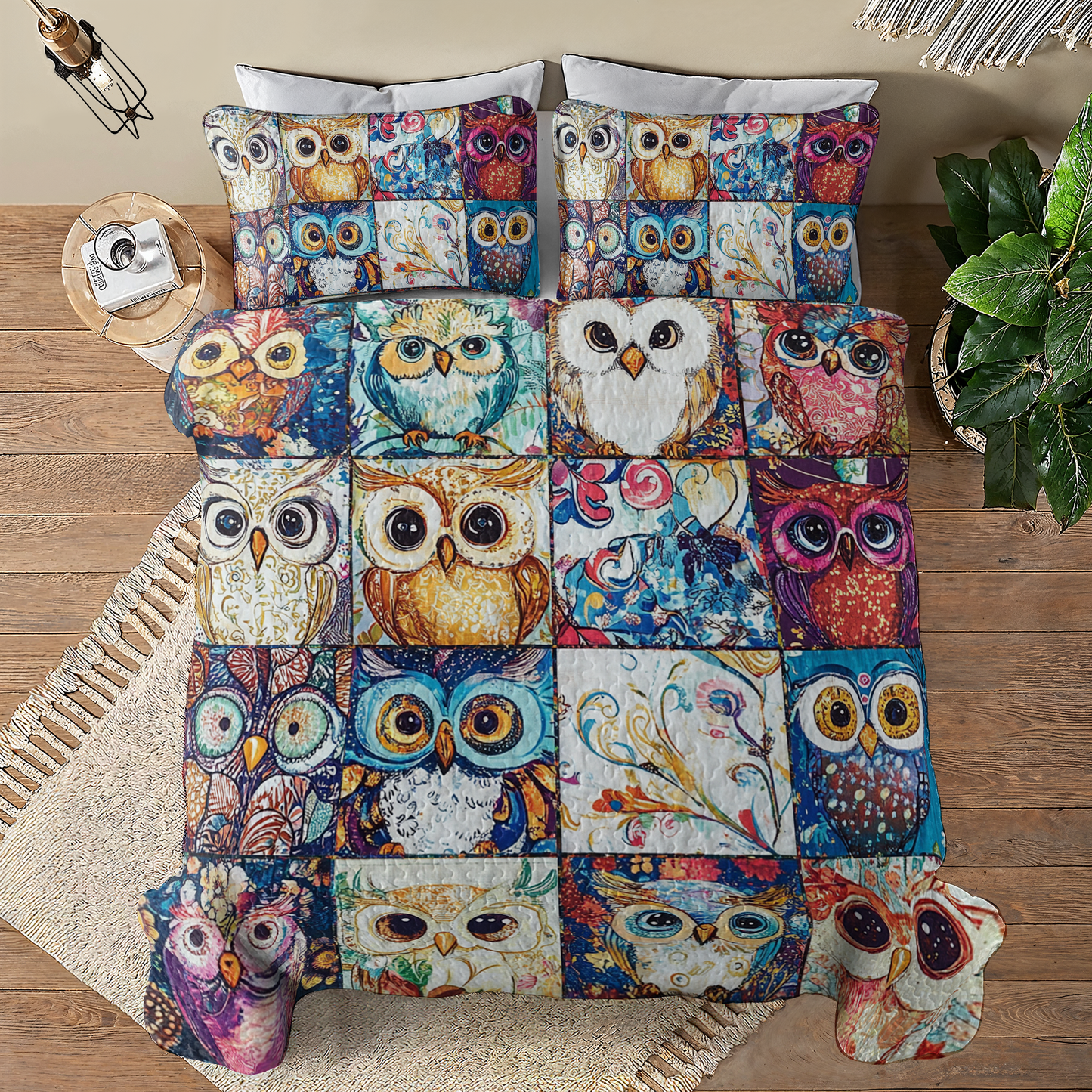 Shineful All Season Quilt 3-Piece Set Cute Colorful Owls