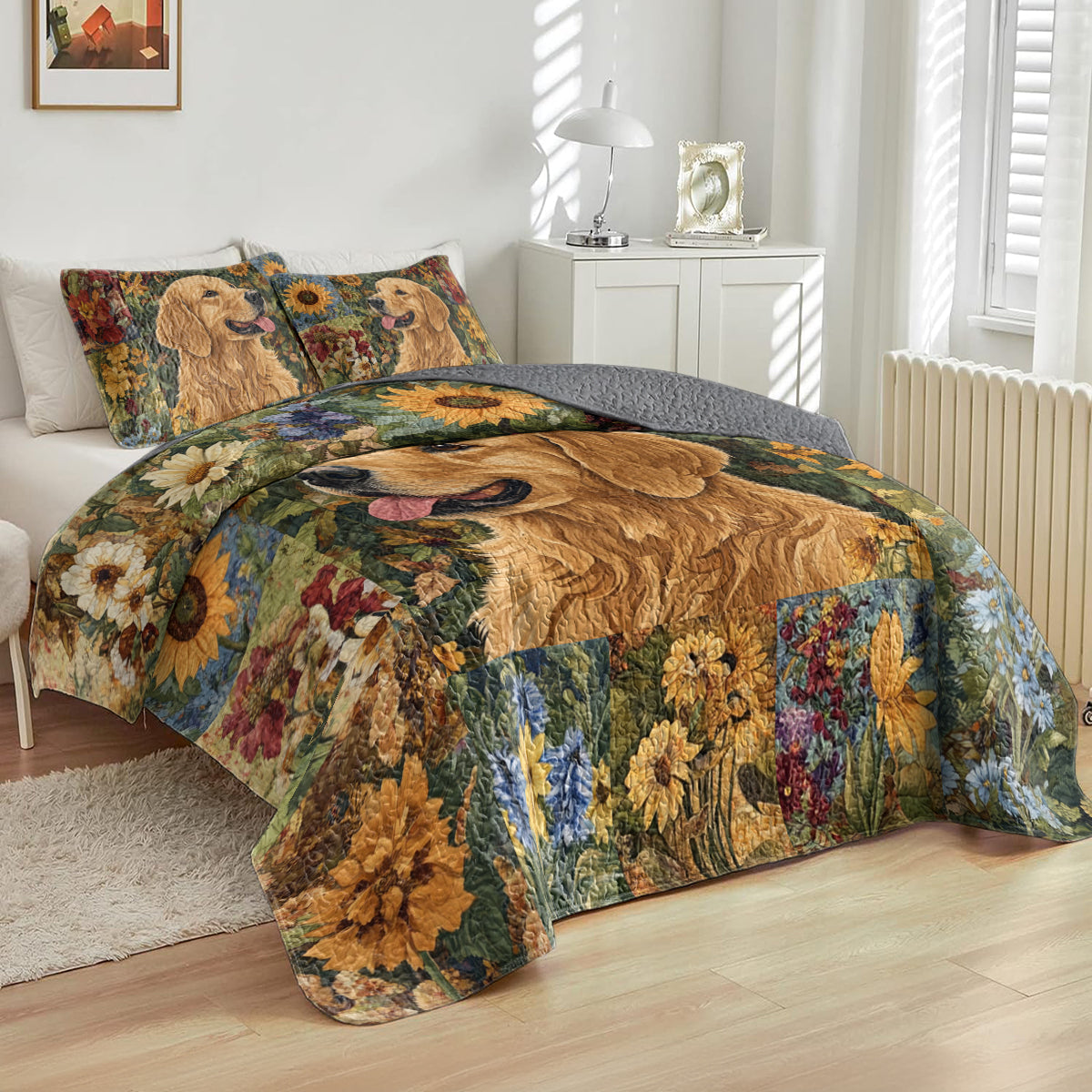 Shineful All Season Quilt 3-Piece Set Golden Retriever Floral Bliss