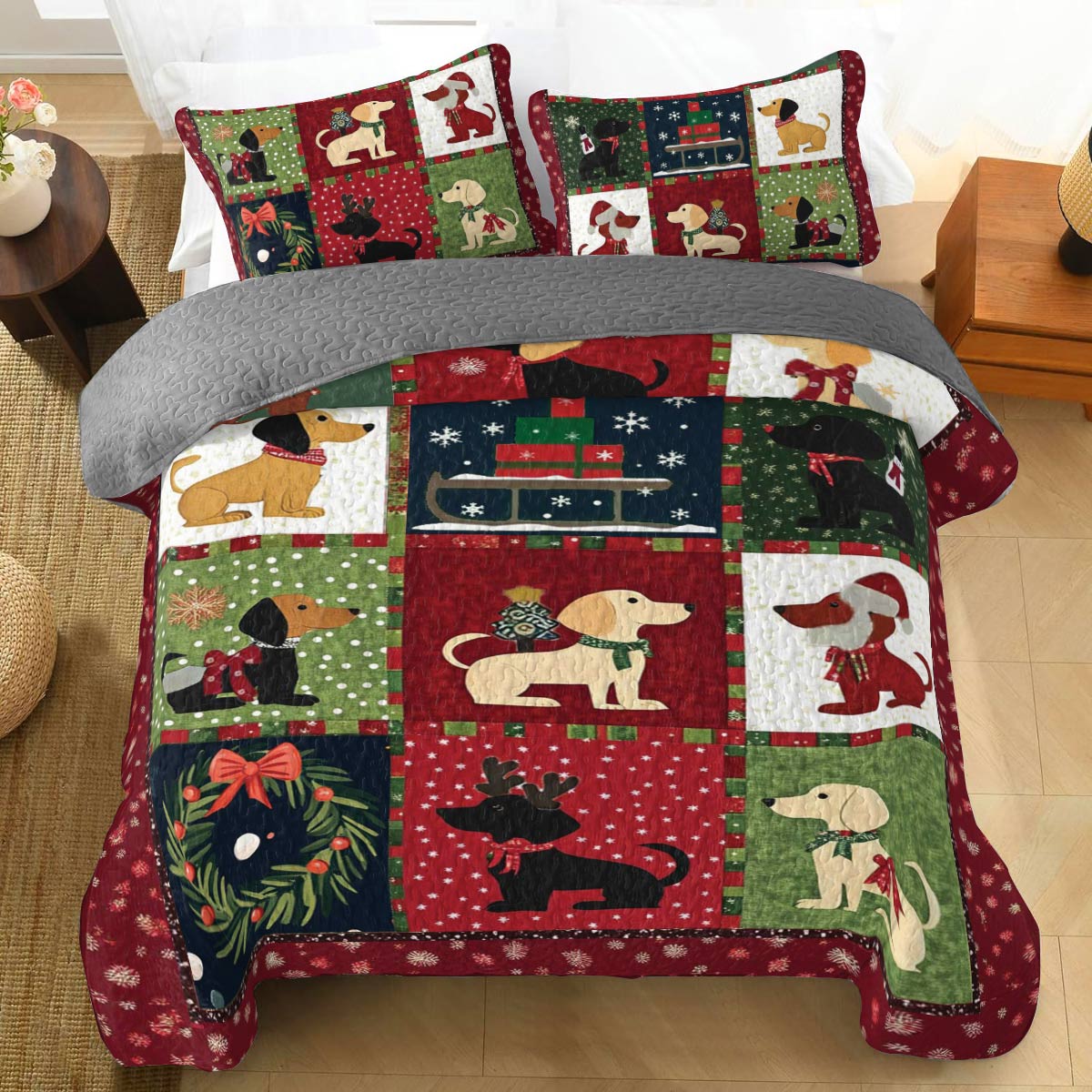 Shineful All Season Quilt 3-Piece Set Festive Dachshunds