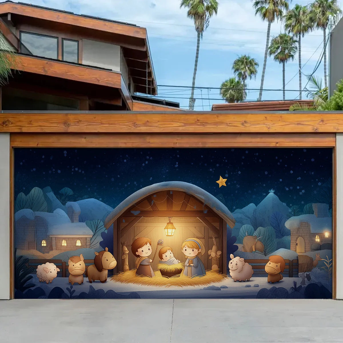 Shineful Garage Door Banner Decoration Holy Family Cartoon Nativity