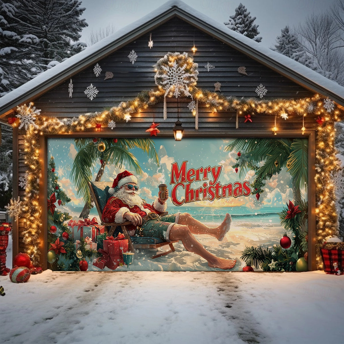 Shineful Garage Door Banner Decoration Tropical Santa Christmas Vibes
