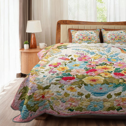 Shineful All Season Quilt 3-Piece Set Romantic Blossom Hummingbird