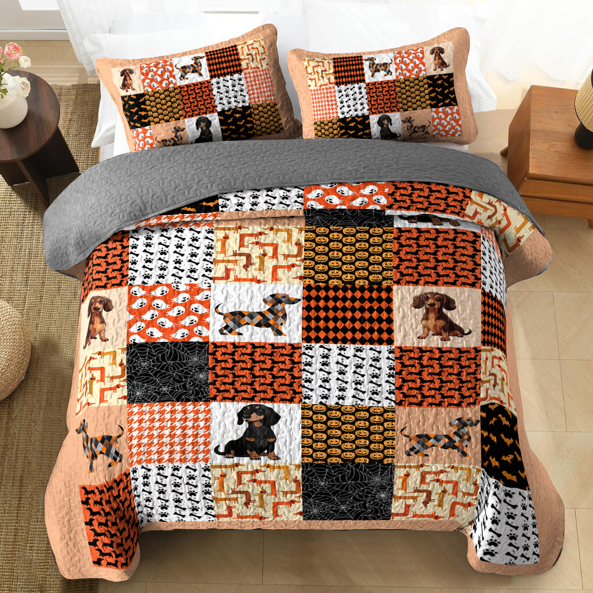 Shineful All Season Quilt 3-Piece Set - Cute Dachshund Happy With Halloween