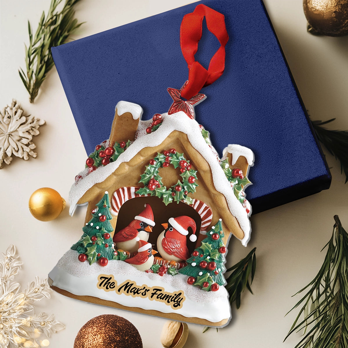 Shineful 2D Acrylic Ornament - Personalized Cardinal Christmas Cottage