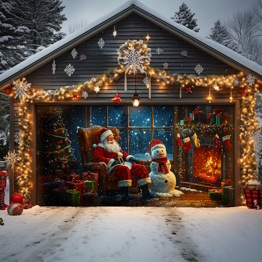Shineful Garage Door Banner Decoration Snowy Night With Santa Claus