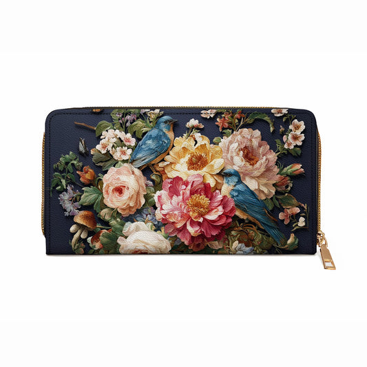 Shineful Leather Clutch Purse With Wristlet Strap Handle Midnight Bluebird Garden