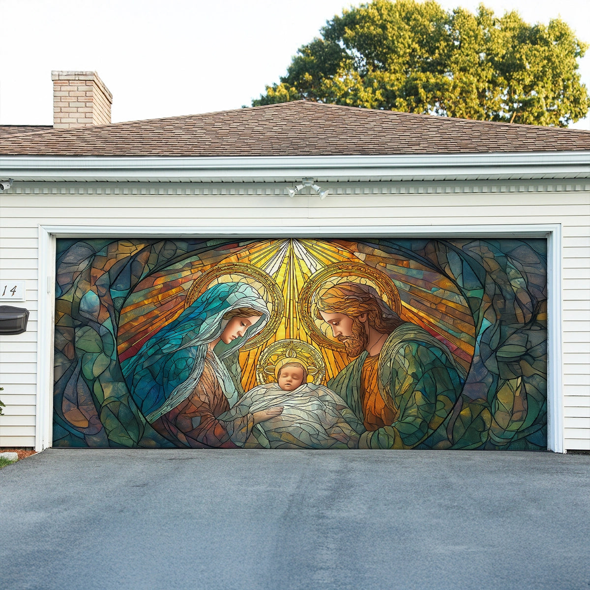 Shineful Garage Door Banner Decoration Holy Nativity Stained Glass