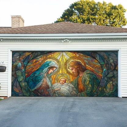 Shineful Garage Door Banner Decoration Holy Nativity Stained Glass