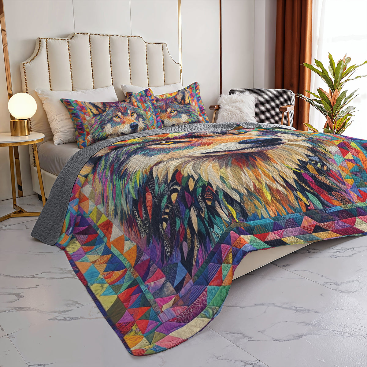 Shineful All Season Quilt 3-Piece Set Colorful Wolf