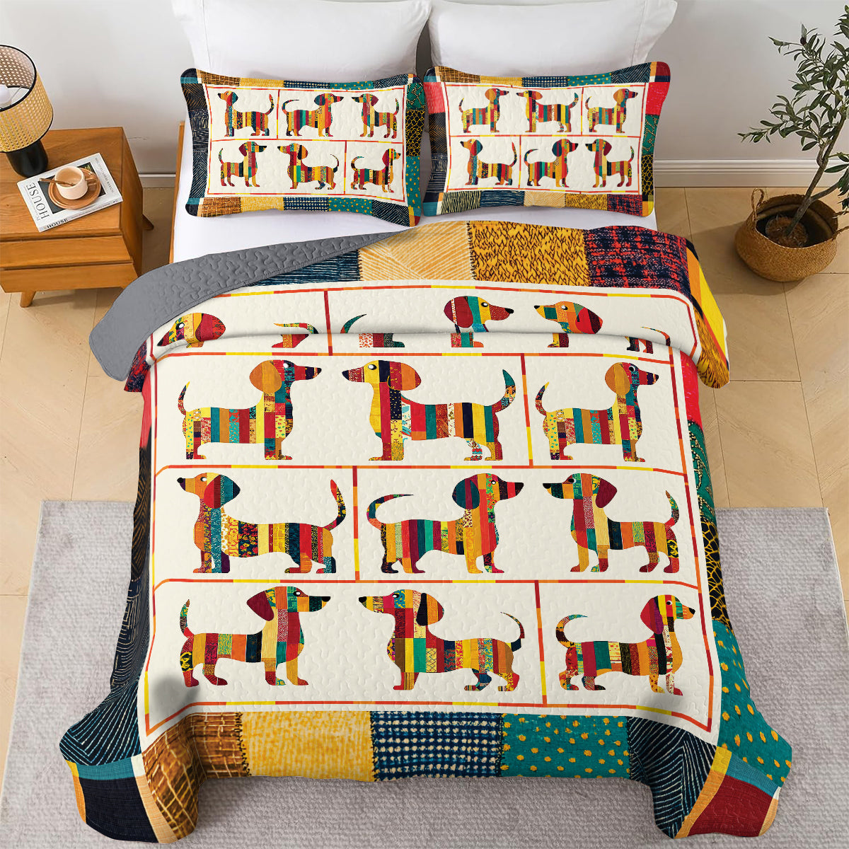 Shineful All Season Quilt 3-Piece Set - Cute And Active Dachshund