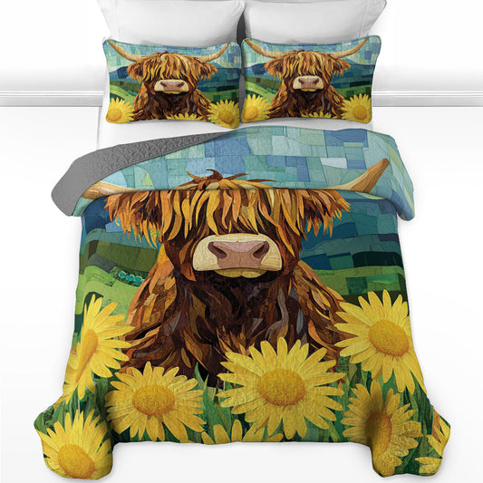 Shineful All Season Quilt 3-Piece Set Highland Cow On Green Field
