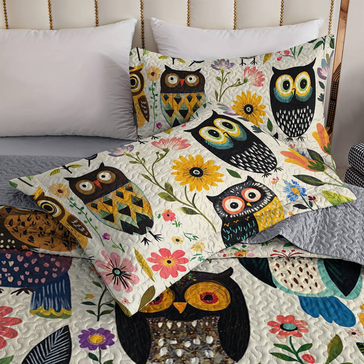 Shineful All Season Quilt 3-Piece Set Gentle Flowers Owl
