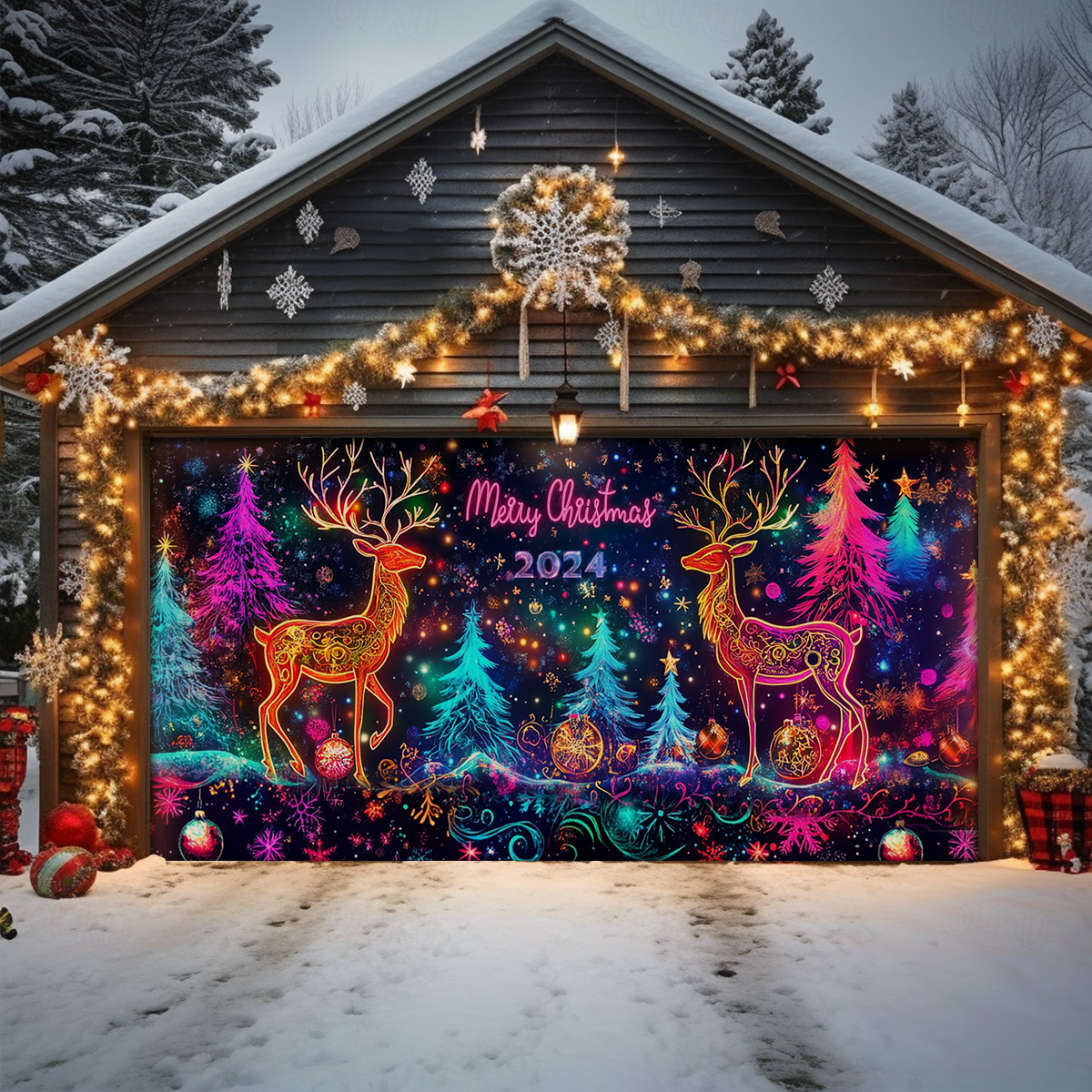 Shineful Garage Door Banner Decoration - Enchanted Reindeer Glow