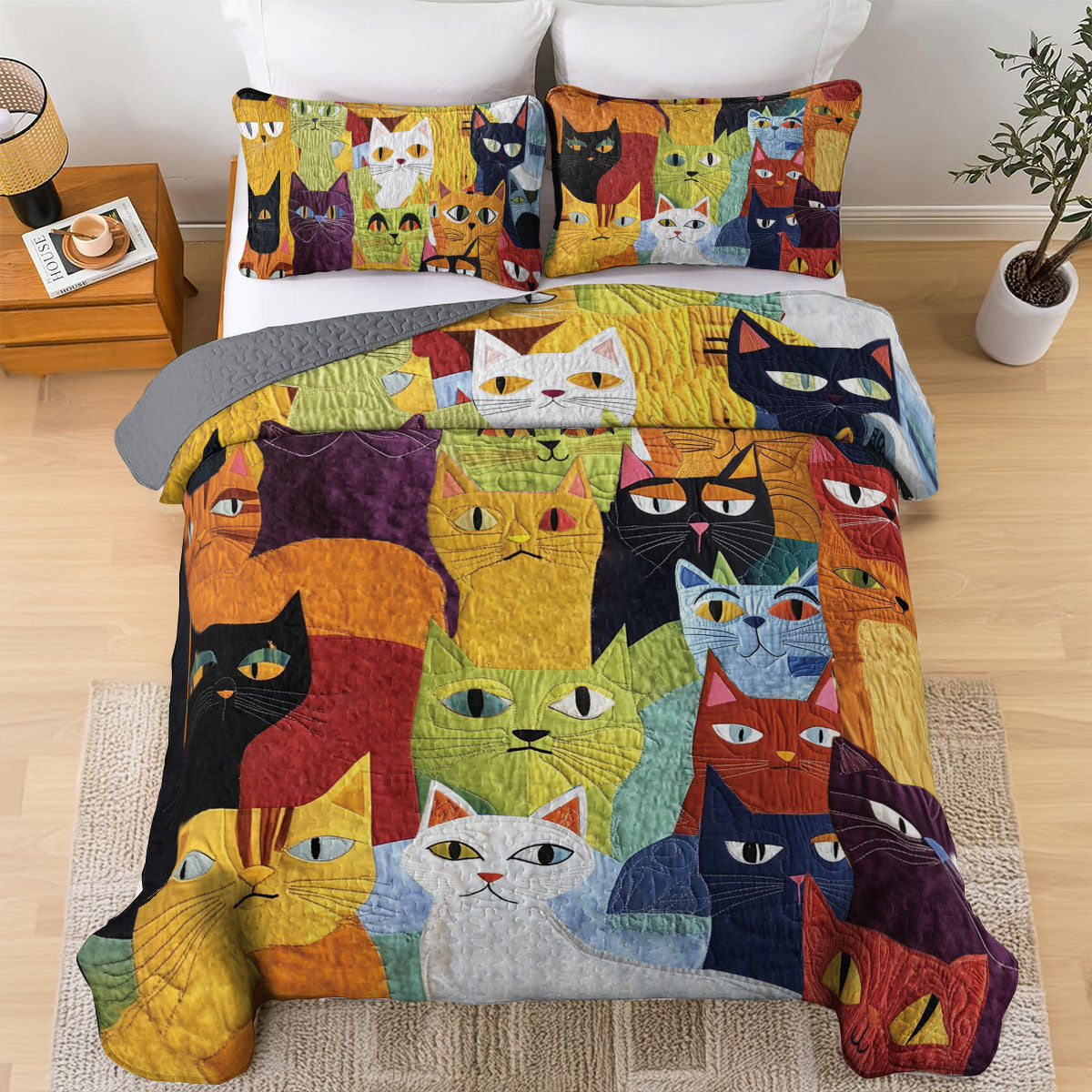 Shineful All Season Quilt 3-Piece Set Furry Feline Fantasy