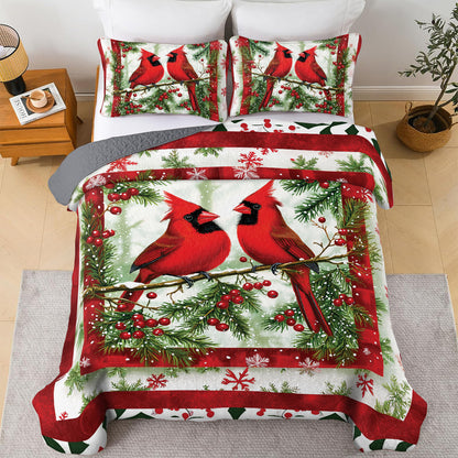 Shineful All Season Quilt 3-Piece Set - Festive Cardinals and Holly Quilt