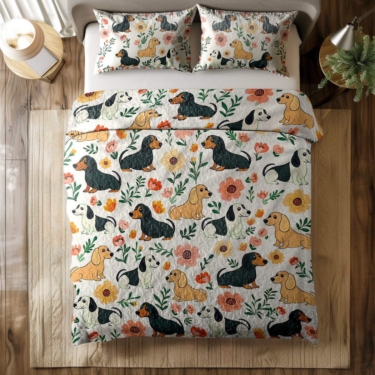 Shineful All Season Quilt 3-Piece Set - Playful Dachshunds In Beautiful Nature