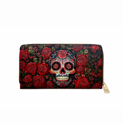 Shineful Leather Clutch Purse With Wristlet Strap Handle Roses & Sugar Skull Elegance