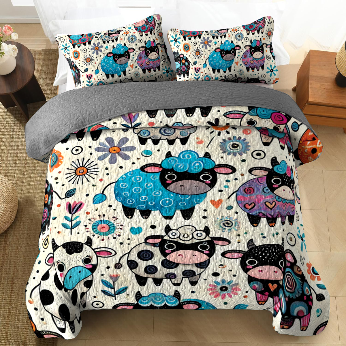 Shineful All Season Quilt 3-Piece Set - Whimsy Cows in Colorful Fields