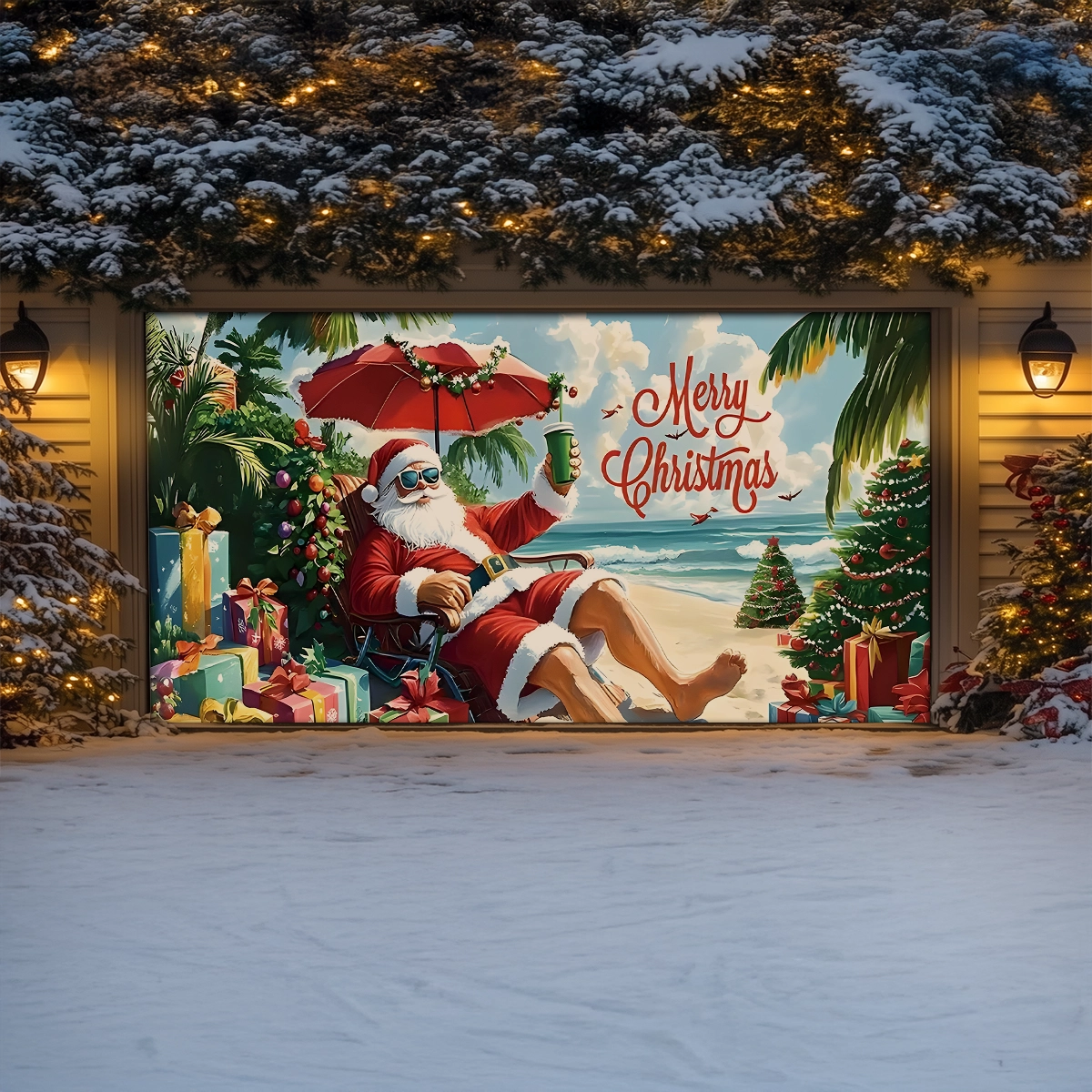 Shineful Garage Door Banner Decoration Beachside Christmas with Santa