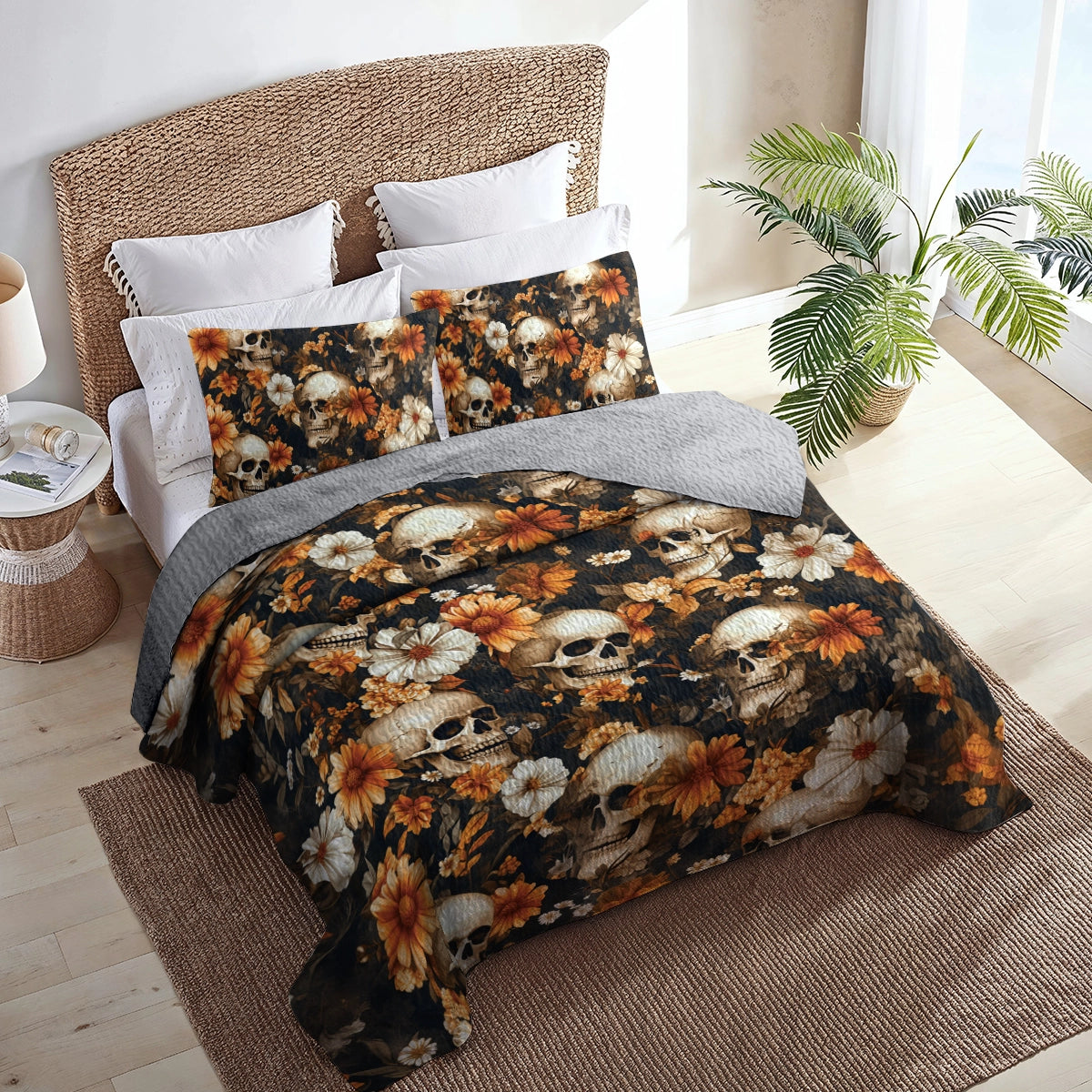 Shineful All Season Quilt 3-Piece Set Skull Memento Floral