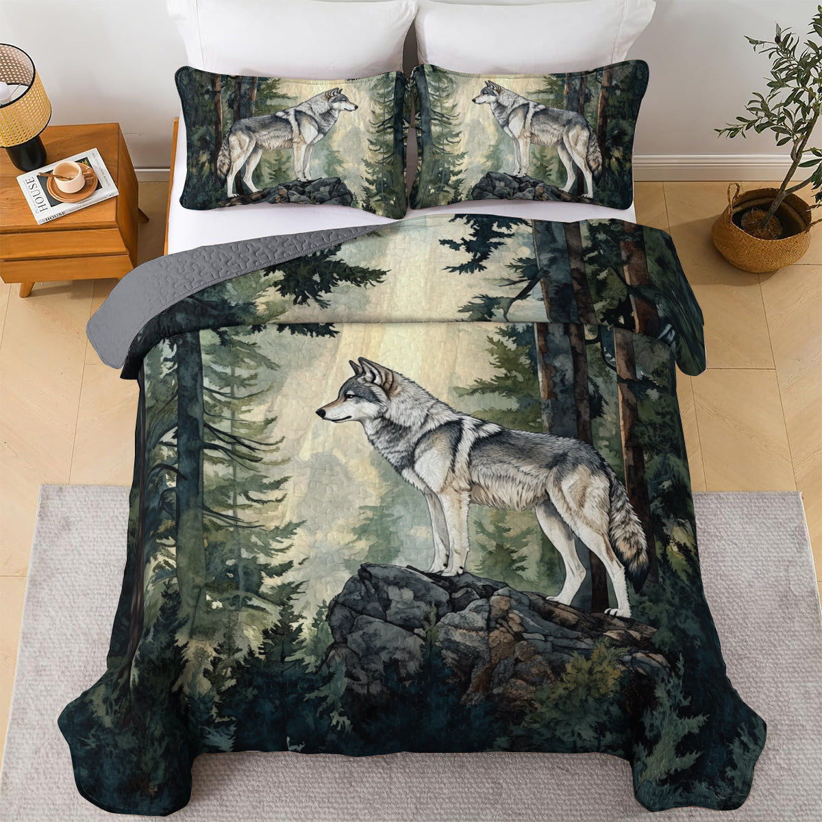 Shineful All Season Quilt 3-Piece Set Majestic Forest Wolf