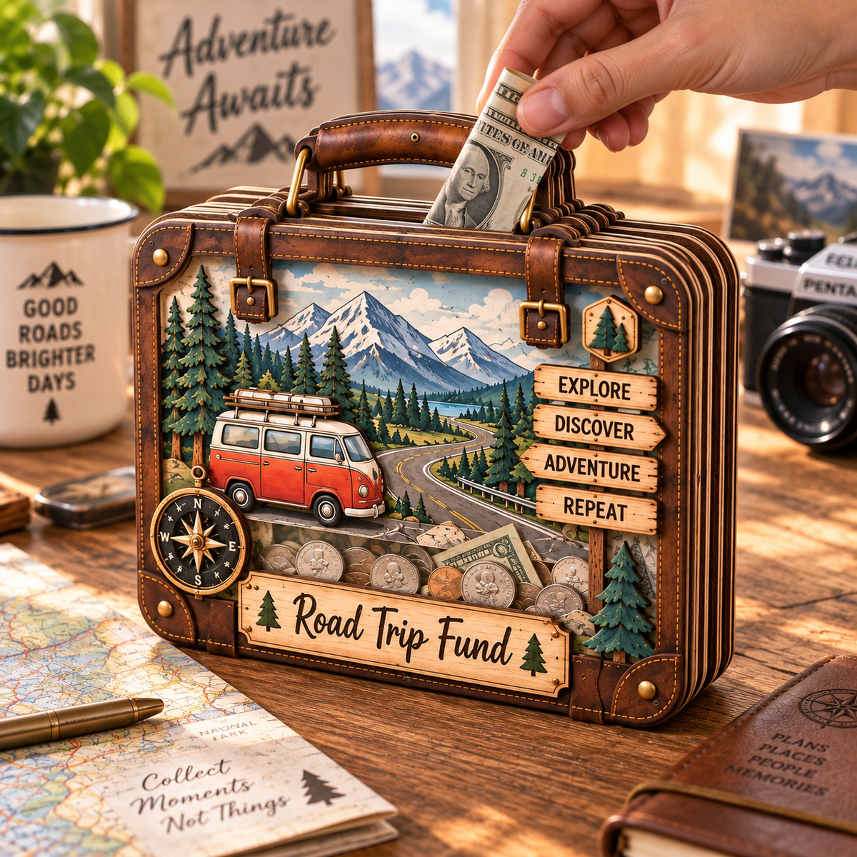 Road Trip Fund Wooden Coin Bank