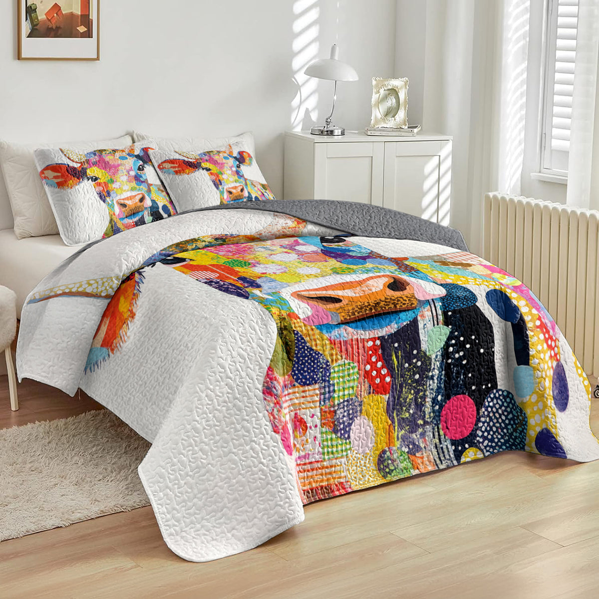 Shineful All Season Quilt 3-Piece Set Colorful Cow