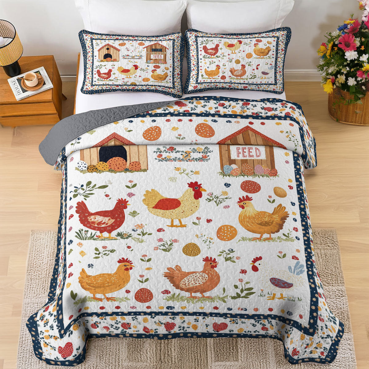 Shineful All Season Quilt 3-Piece Set Feed Egg Chicken