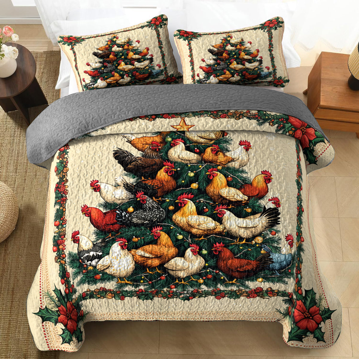 Shineful All Season Quilt 3-Piece Set Chicken Christmas Tree
