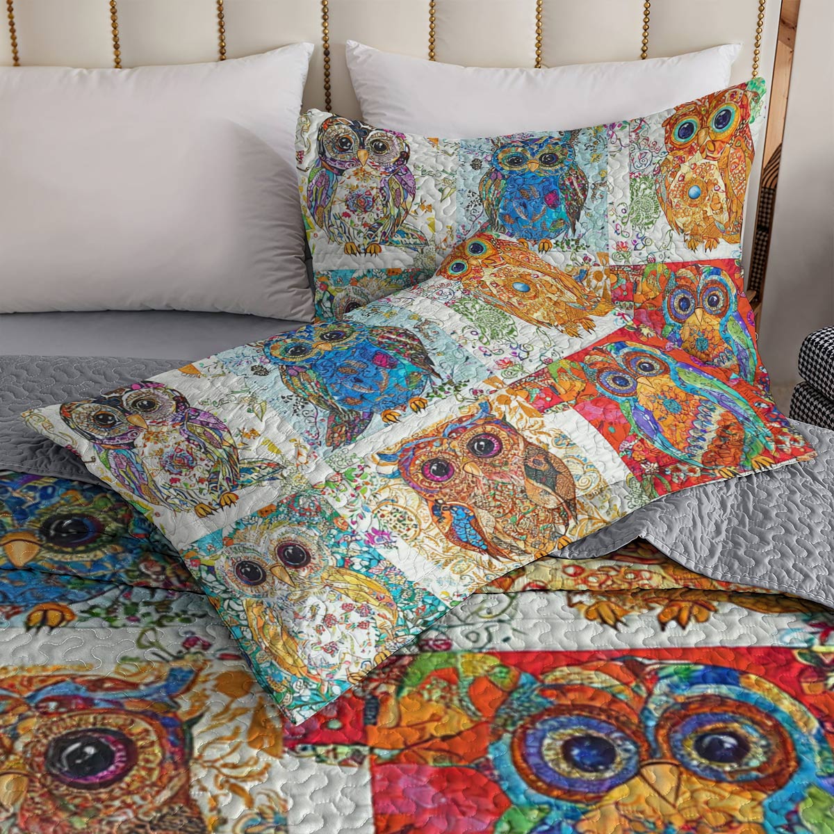 Shineful All Season Quilt 3-Piece Set Owl Damask Pattern