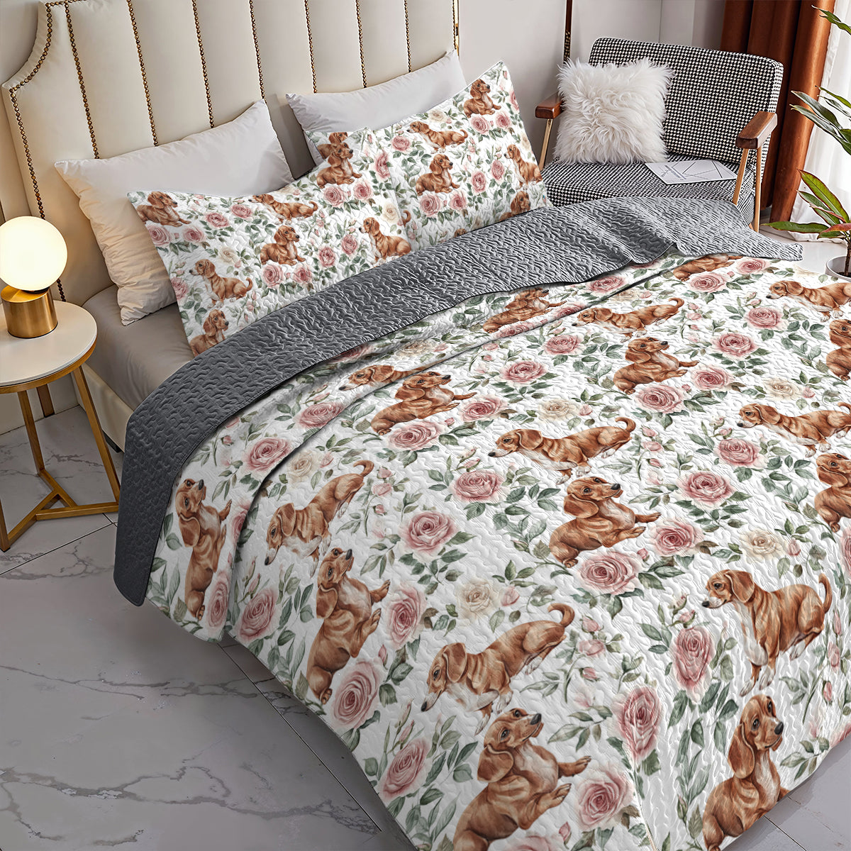 Shineful All Season Quilt 3-Piece Set Floral Dachshund Dreams