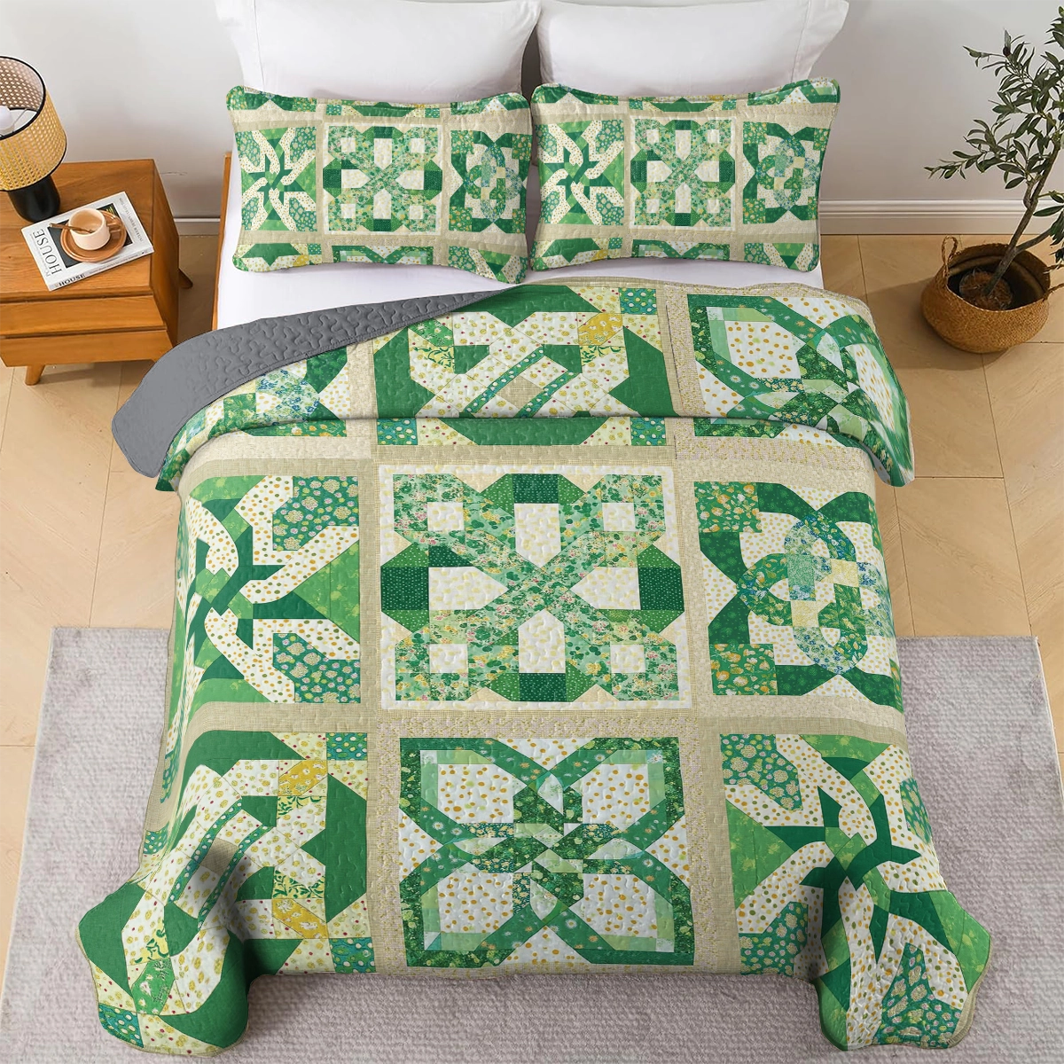 Shineful All Season Quilt 3-Piece Set - Green Irish Celtic Charm