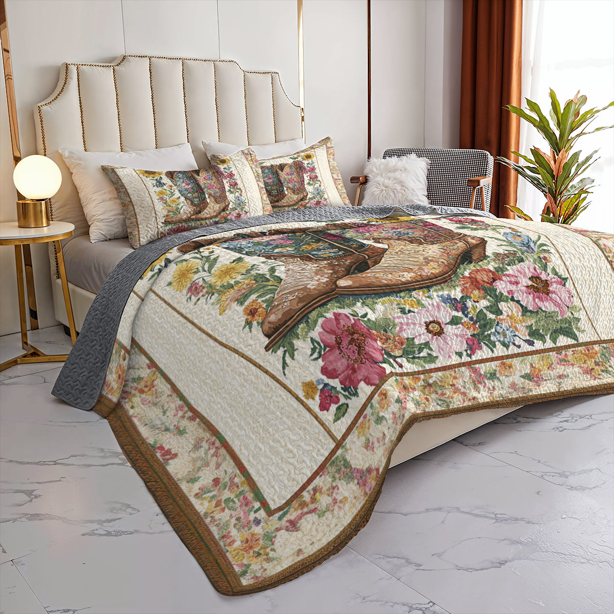 Shineful All Season Quilt 3-Piece Set Floral Cowboy Boots
