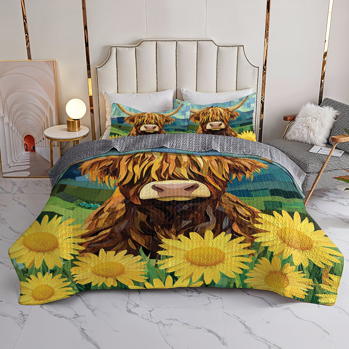 Shineful All Season Quilt 3-Piece Set Highland Cow On Green Field