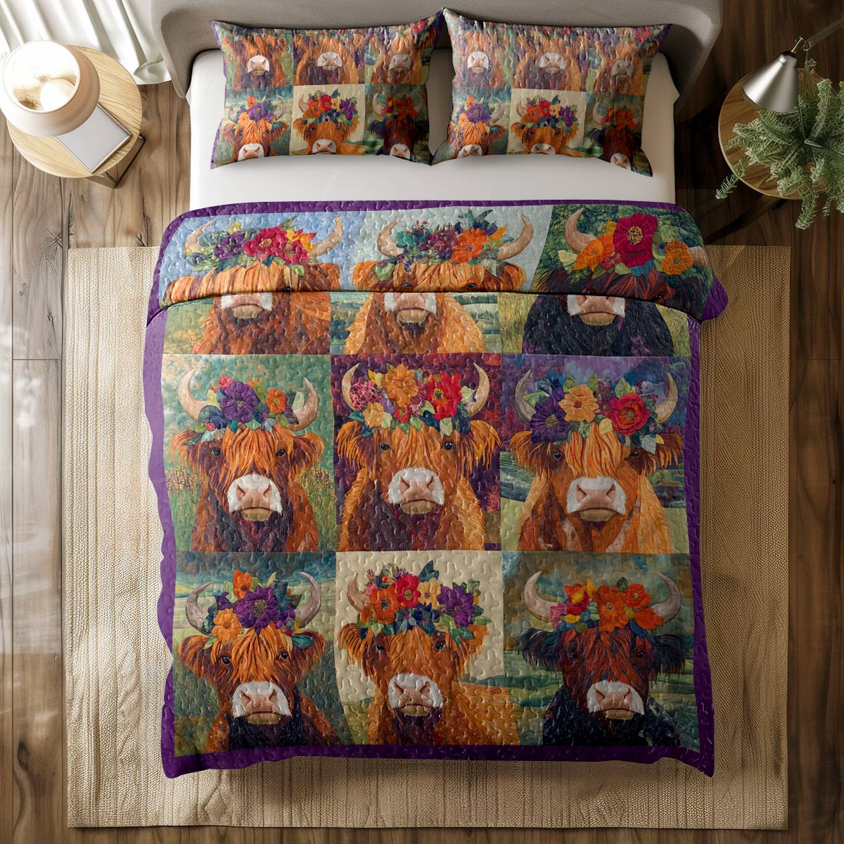 Shineful All Season Quilt 3-Piece Set - Floral Crowned Highland Cow