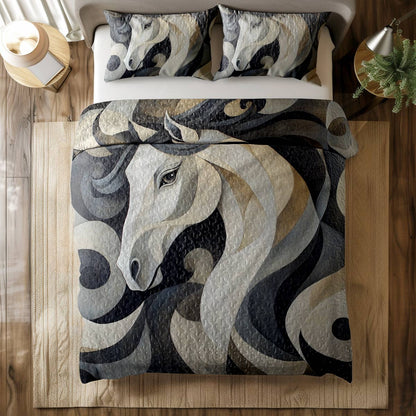 Shineful All Season Quilt 3-Piece Set Black and White Horse Cowboy